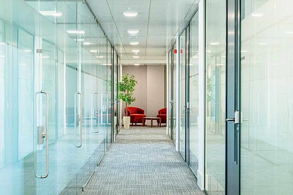 Modern commercial interior featuring contemporary furniture, functional layout, and stylish workplace design