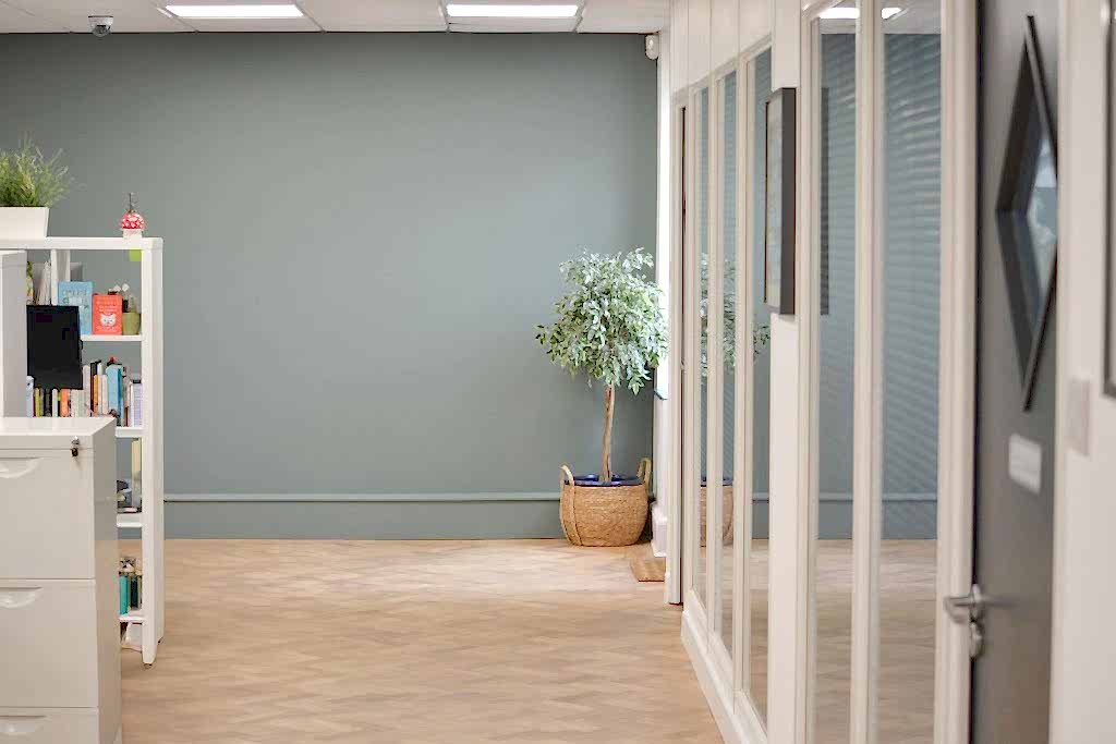 Modern office interior with glass partitions, herringbone flooring, muted wall tones, and indoor plant.