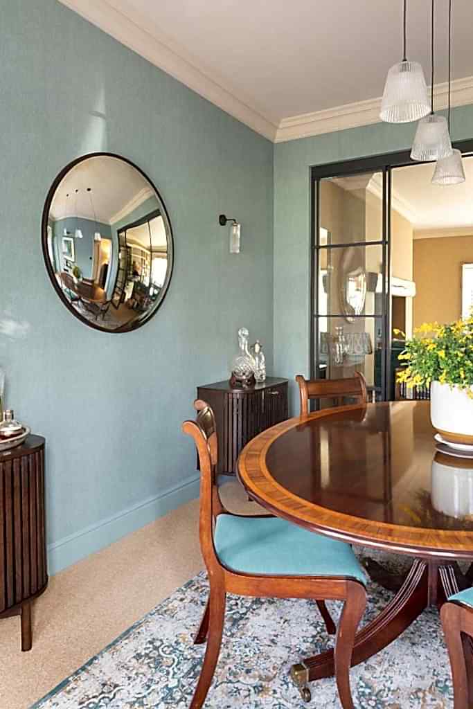 Bespoke dining room design in Surrey featuring luxury interiors, elegant dining furniture, and refined decorative details